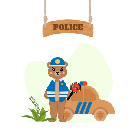 Polizeibär mit Polizeiauto  Illustration