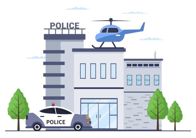 Polizeistation mit Hubschrauber und Polizeiauto  Illustration