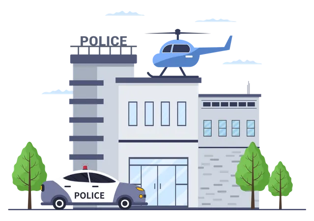 Polizeistation mit Hubschrauber und Polizeiauto  Illustration