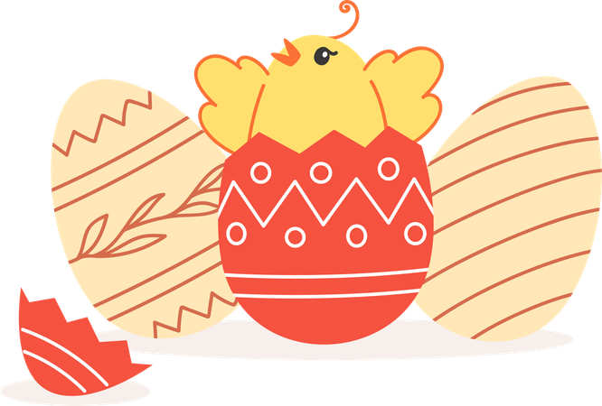 Pollito saliendo de huevos pintados  Ilustración