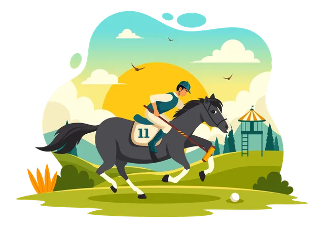 Polo Horse Sports Vector Illustration With Player Riding Horse And Holding Stick Use Equipment Set To Competition In Flat Cartoon Background Illustration