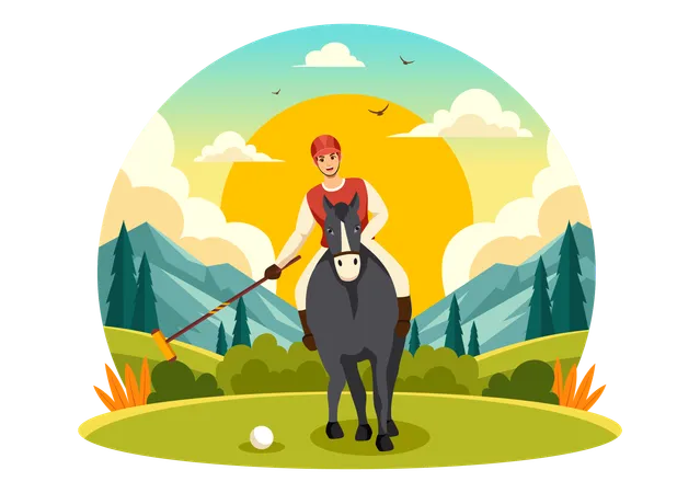 Polo Horse Sports Vector Illustration With Player Riding Horse And Holding Stick Use Equipment Set To Competition In Flat Cartoon Background Illustration