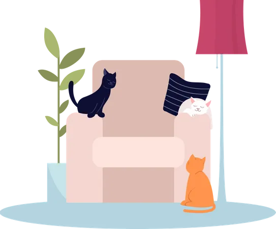 Poltrona Rosa Com Gatos Ilustracao Vetorial De Cor RGB Semi Plana Cadeira Com Animais De Estimacao Casa Sofa Confortavel Para Sala Mobilia Domestica Aconchegante Objeto De Desenho Animado Isolado Em Fundo Branco Ilustração