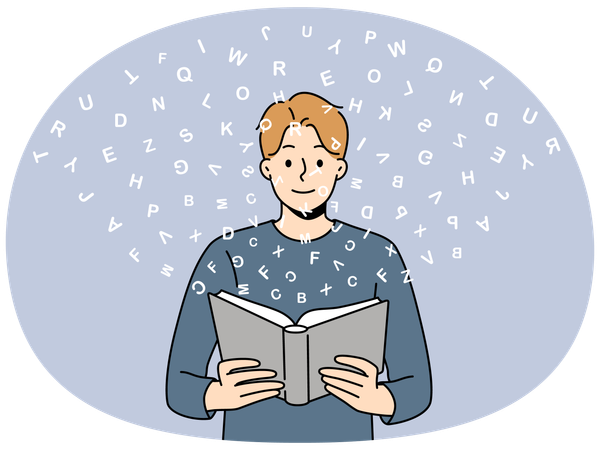 Polyglot man reads book with dictionary and learns new language standing among flying latin letters  Illustration