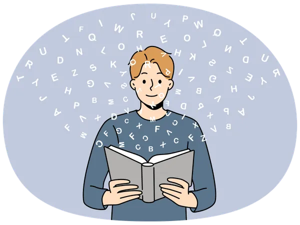 Polyglot man reads book with dictionary and learns new language standing among flying latin letters  Illustration
