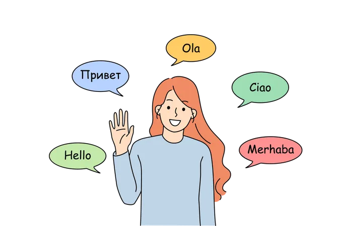 Polyglot woman says hello in different languages and waves hand in friendly manner  Illustration