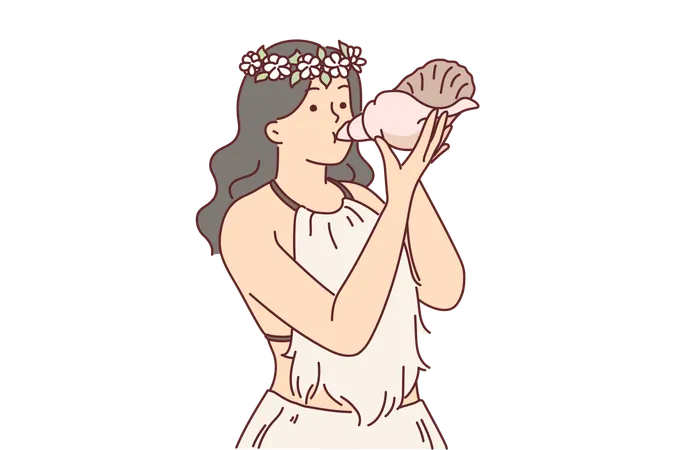 Polynesian Woman Living On Cook Island Uses Seashell Instead Of Musical Instrument Indigenous Inhabitant Of Polynesian Region Of Rarotonga Is Dressed In Traditional Clothing With Flowers On Hair Illustration