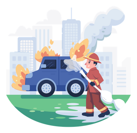 Un pompier atténue un incendie sur une voiture  Illustration