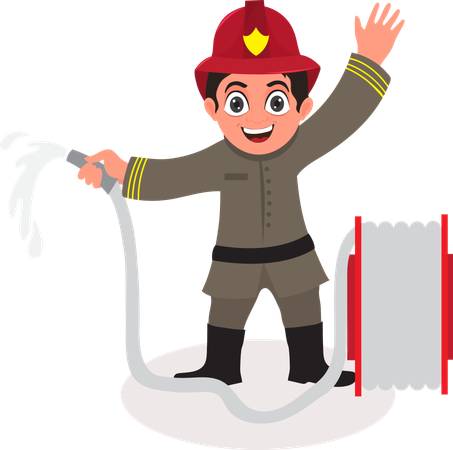 Un pompier heureux jette de l'eau avec un tuyau  Illustration