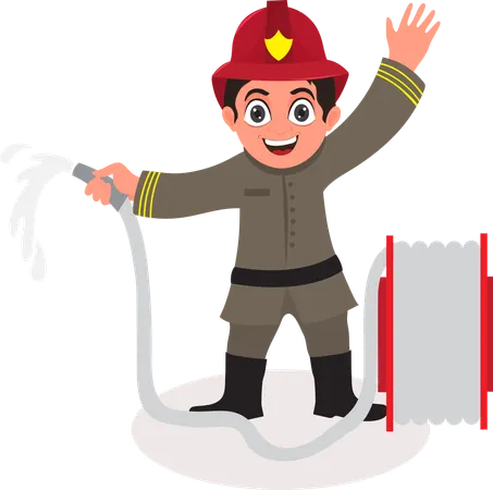 Un pompier heureux jette de l'eau avec un tuyau  Illustration