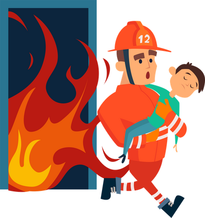 Un pompier sauve un petit enfant du feu  Illustration