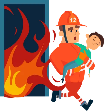 Un pompier sauve un petit enfant du feu  Illustration