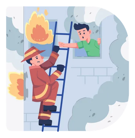 Pompier sauvant un homme coincé dans un bâtiment en feu  Illustration