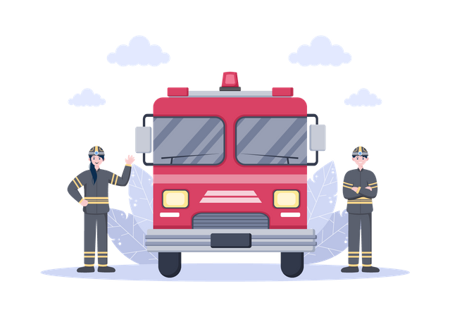 Pompiers avec camion de pompiers  Illustration