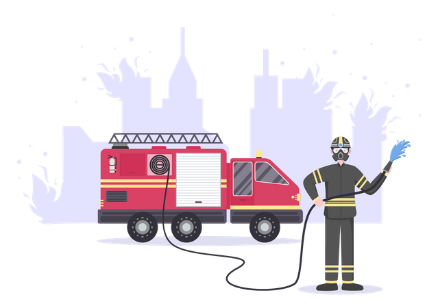 Pompiers traitant du feu avec un camion de pompiers  Illustration