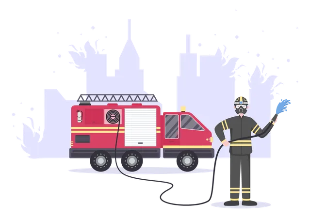 Pompiers traitant du feu avec un camion de pompiers  Illustration