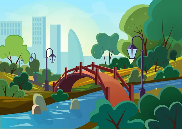 Pond bridge at city park  Illustration