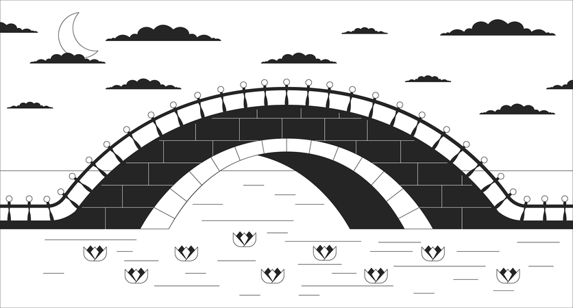 Ponte crepuscular sobre o rio  Ilustração