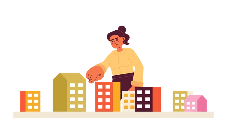 Ponytail woman finger pointing apartment  Illustration