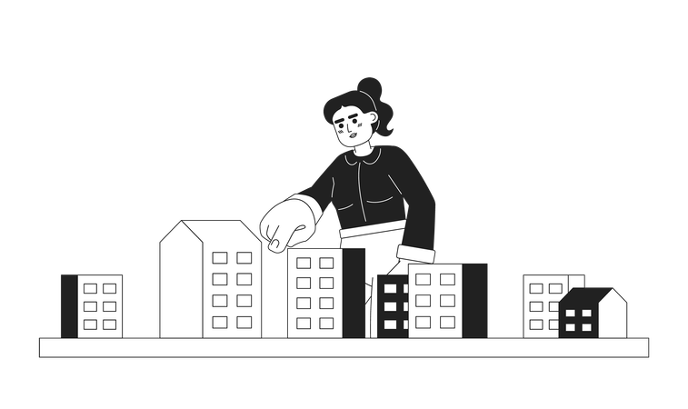 Ponytail woman finger pointing apartment  イラスト