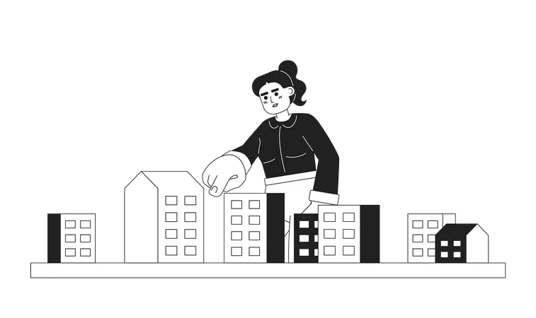 Ponytail woman finger pointing apartment  イラスト