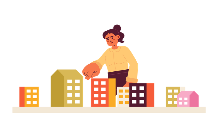 Ponytail woman finger pointing apartment  Illustration