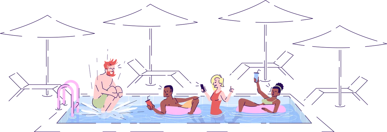 Swimming Pool Fun Flat Vector Illustration Friends Relaxing Jumping In Water Drinking Cocktails In Sea Resort Isolated Cartoon Characters With Outline Elements On White Background Illustration