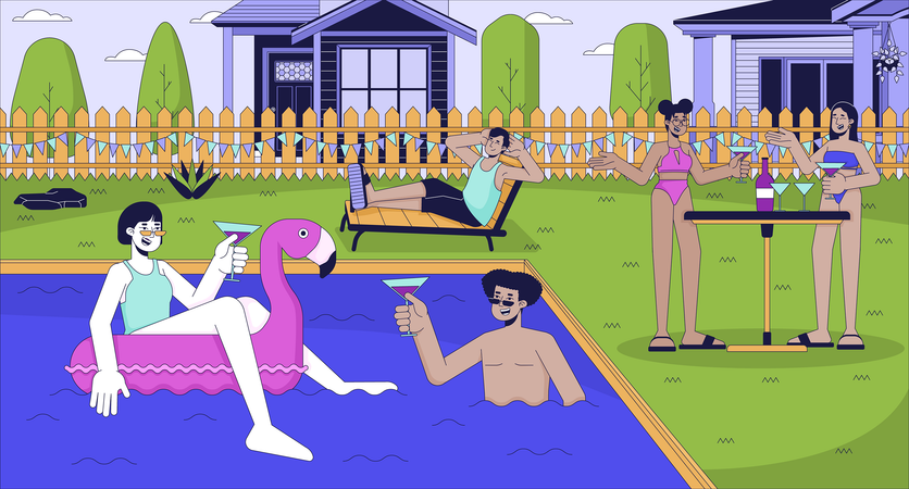 Fête à la piscine entre amis  Illustration