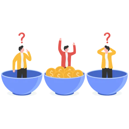 Poor businessman standing in small bowl and rich businessman standing in big bowl,  Illustration