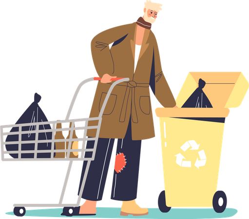 Poor homeless and jobless man looking food in trash bin  Illustration