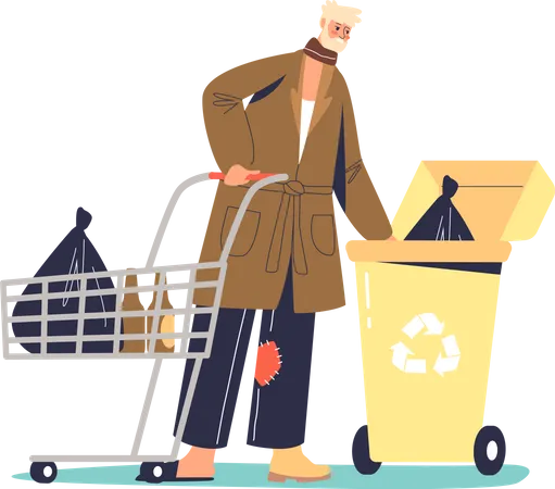 Poor homeless and jobless man looking food in trash bin Illustration