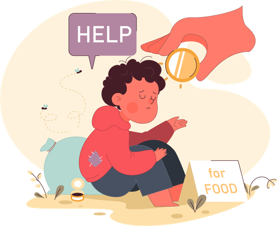 Poor homeless little boy asking for money  Illustration