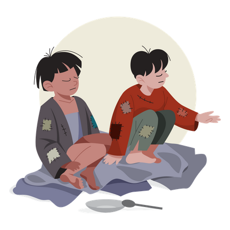 Poor kids begging while sitting on street  Illustration