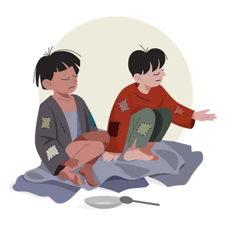 Poor kids begging while sitting on street  Illustration