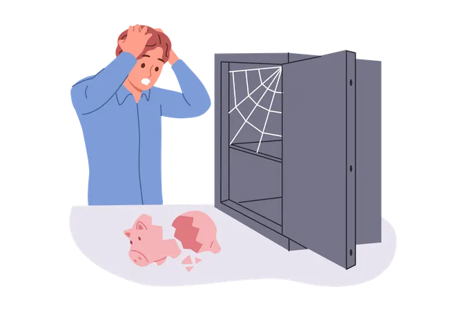 Poor man became bankrupt due to wastefulness clutching head looking at empty safe and piggy bank  イラスト