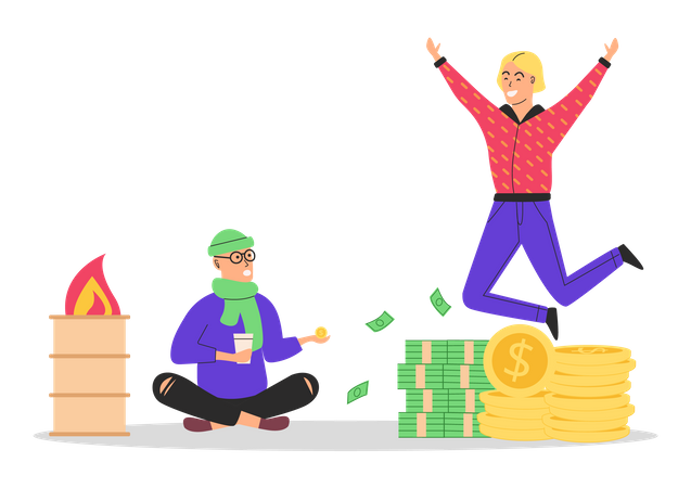 Poor man begging on street while rich man jumping  Illustration