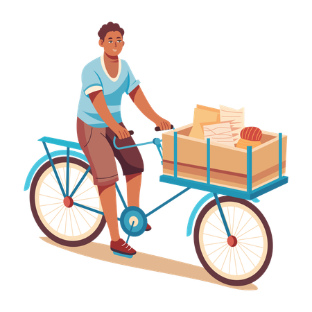 Poor man selling household items on bicycle  Illustration