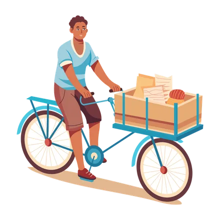 Poor man selling household items on bicycle  Illustration