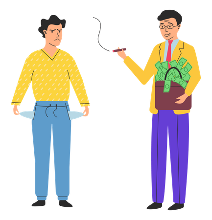 Poor man showing empty pocket to rich businessman  Illustration