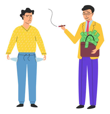 Poor man showing empty pocket to rich businessman  Illustration