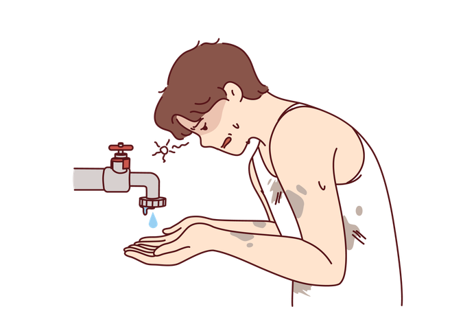 Poor man washes his face  Illustration