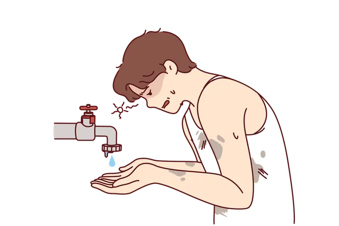Emaciated Guy Near Faucet With Dripping Water Is Trying To Survive During Drought And Wash Or Saved From Thirst Problem Of Drought And Lack Of Access To Fresh Water Causing Ecological Disaster イラスト