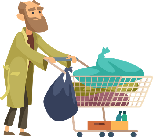 Poor man with garbage trolley Illustration