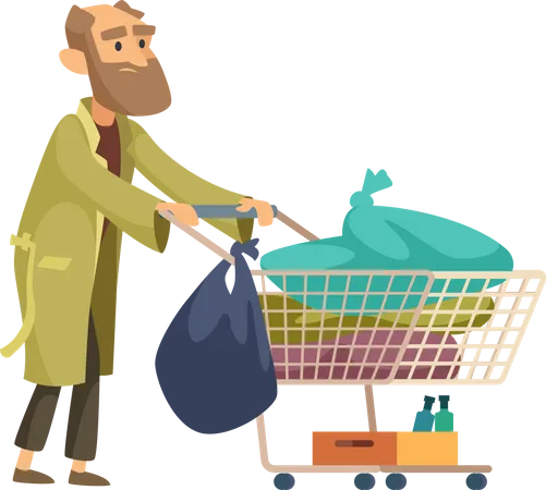 Poor man with garbage trolley Illustration