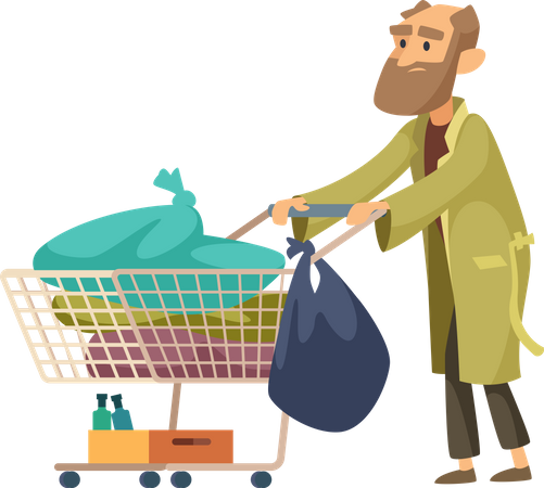 Poor Man With Garbage Trolley Illustration