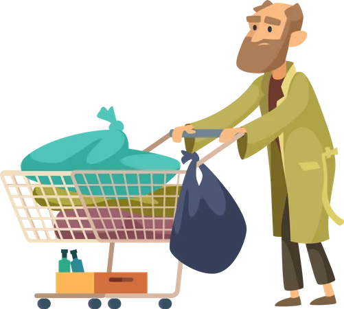 Poor Man With Garbage Trolley Illustration