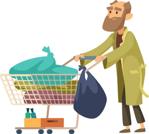 Poor Man With Garbage Trolley  Illustration