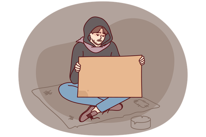 Poor man with poster begging on street  Illustration