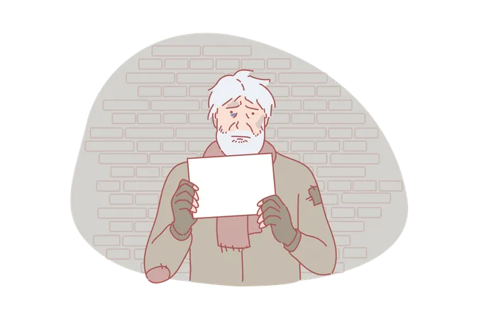 Homeless Poverty Social Problem Request Concept Homeless Poor Sad Man With Request Letter Asking For Help Jobless Helpless Beggar Dispossessed Lonely People Social Problem Simple Flat Vector Illustration