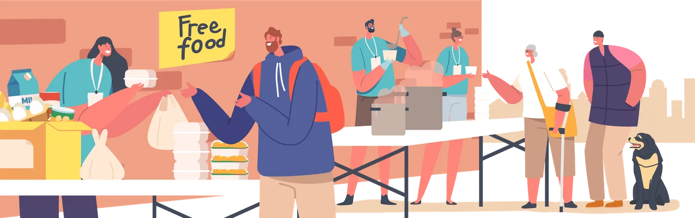 Poor People Stand in Queue for Getting Warm Food Illustration